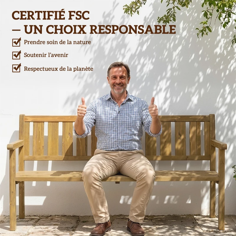 Outsunny Banc de Jardin 3 Places en Bois Banquette Terrasse avec Capacité 360kg Robuste Siège FSC pour Balcon Parc et Porche Teck