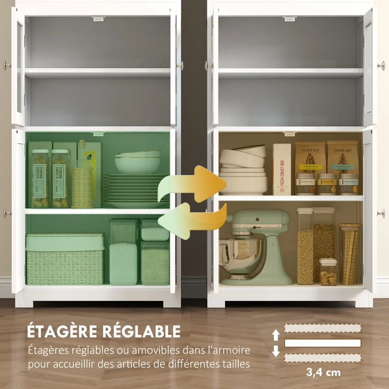 HOMCOM Armoire de cuisine buffet cuisine vaisselier meuble de rangement avec 2 niches, 2 placards avec 4 portes dont 2 portes vitrées, étagère réglable - dim. 60I x 30P x 162H cm blanc(m-6)
