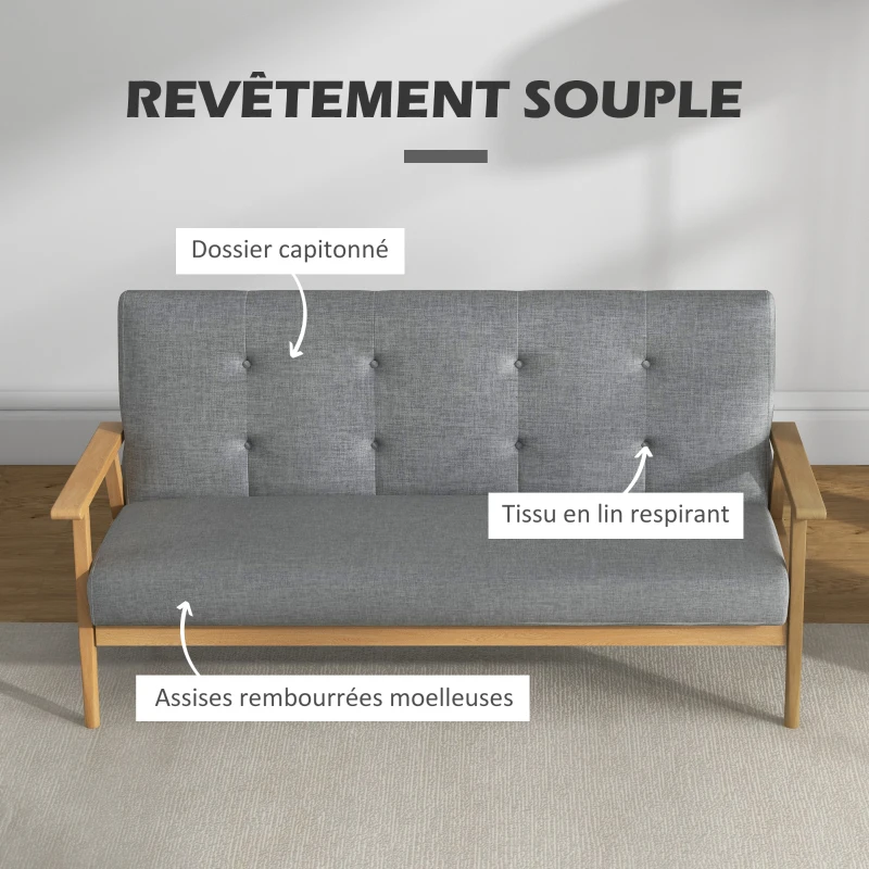 HOMCOM Canapé 3 places 154,5, canapé scandinave avec dossier capitonné, assise rembourrée et accoudoirs, gris