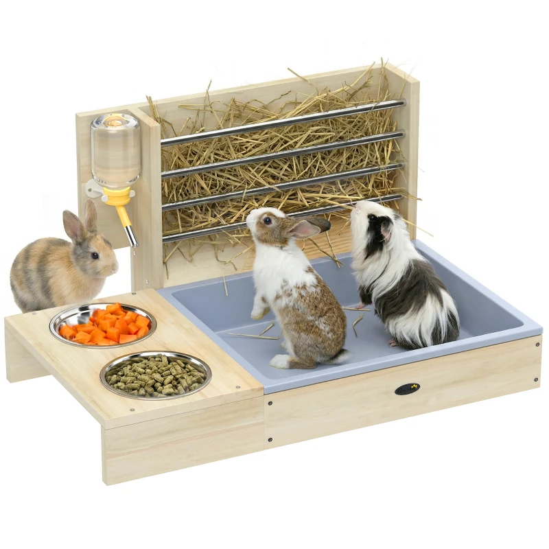 PawHut Râtelier à Foin en Bois pour Lapin Mangeoire Lapin 3 en 1 avec Bac à Litière et Bouteille d'Eau 58x40x32cm Bois Naturel