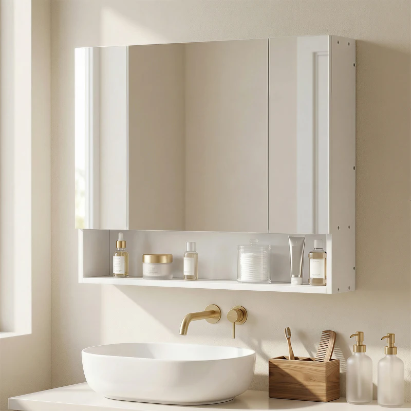 kleankin Armoire murale salle de bain avec miroir, armoire de toilette 3 portes miroir, étagères réglables, 90x15x75cm, blanc