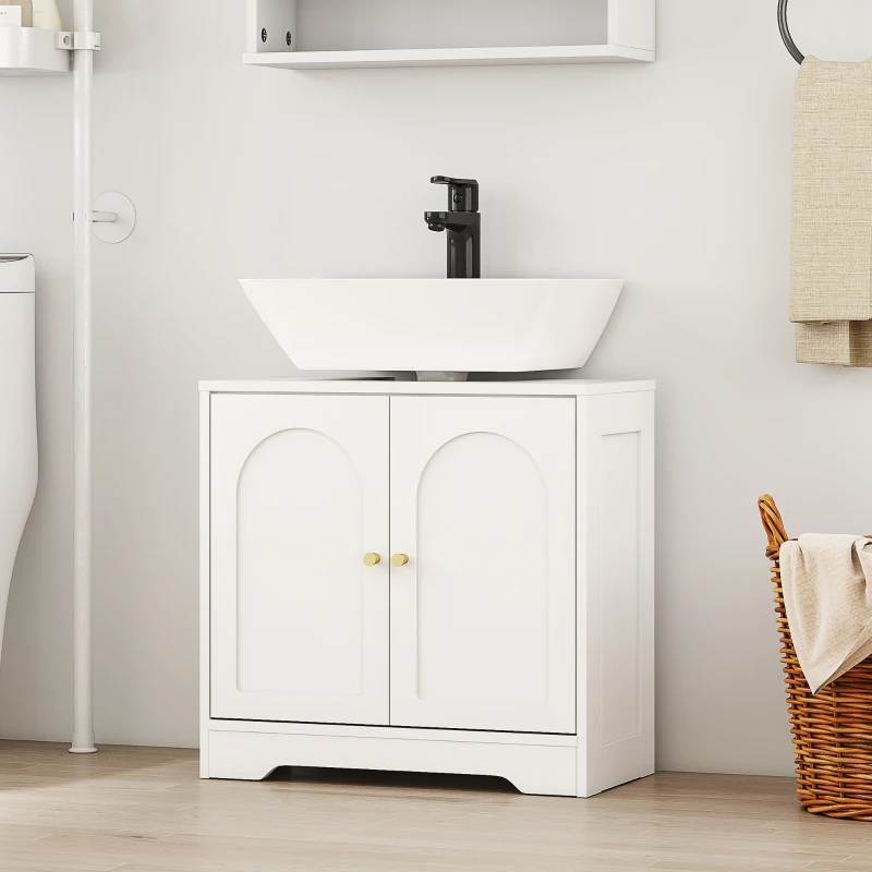 HOMCOM Meuble sous lavabo salle de bain avec placard à portes et étagère réglable, pour bassin avec ou sans pédestal, blanc