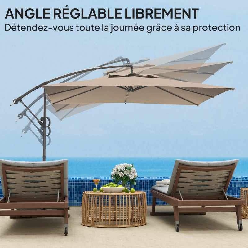 Outsunny Parasol déporté carré 3 x 3 m avec manivelle, base croisée, parasol inclinable et rotation à 360°, toile 180 g/m² kaki