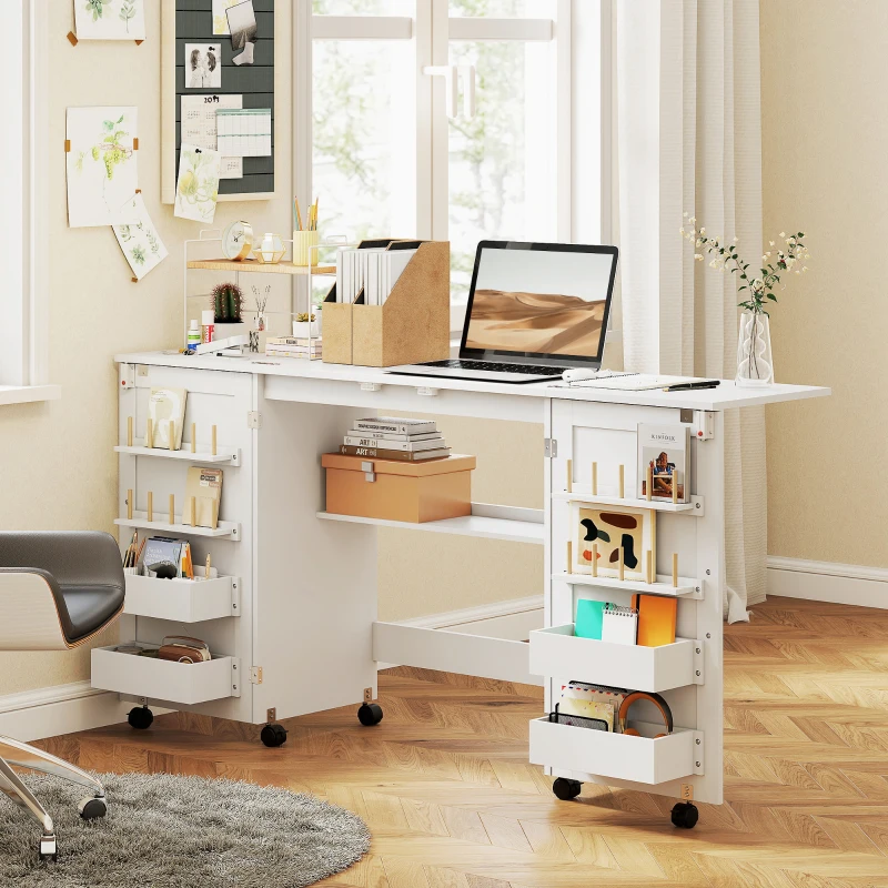 HOMCOM Table de couture pliante, meuble couture à roulettes, 2 portes magnétiques, 4 bacs, 20 crochets, 160x40x81,5cm, blanc