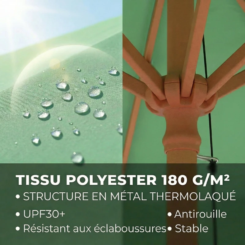 Outsunny Parasol de Jardin Rond avec Volants Rétro Chic Aspect Bois Protection Solaire UV 230cm Vert Clair