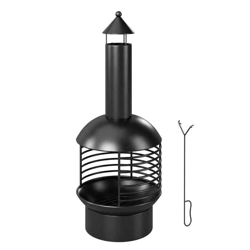 Outsunny Chimney Fire Pit, Portable Wood Burning Firepit with Poker, Charcoal Grid, Outdoor Fireplace for Garden Patio, Black