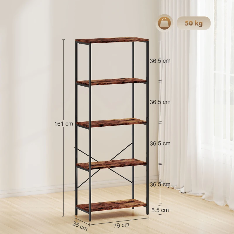 HOMCOM 5-Tier Bookshelf, Industrial Bookcase with Metal Frame - Rustic Brown and Black