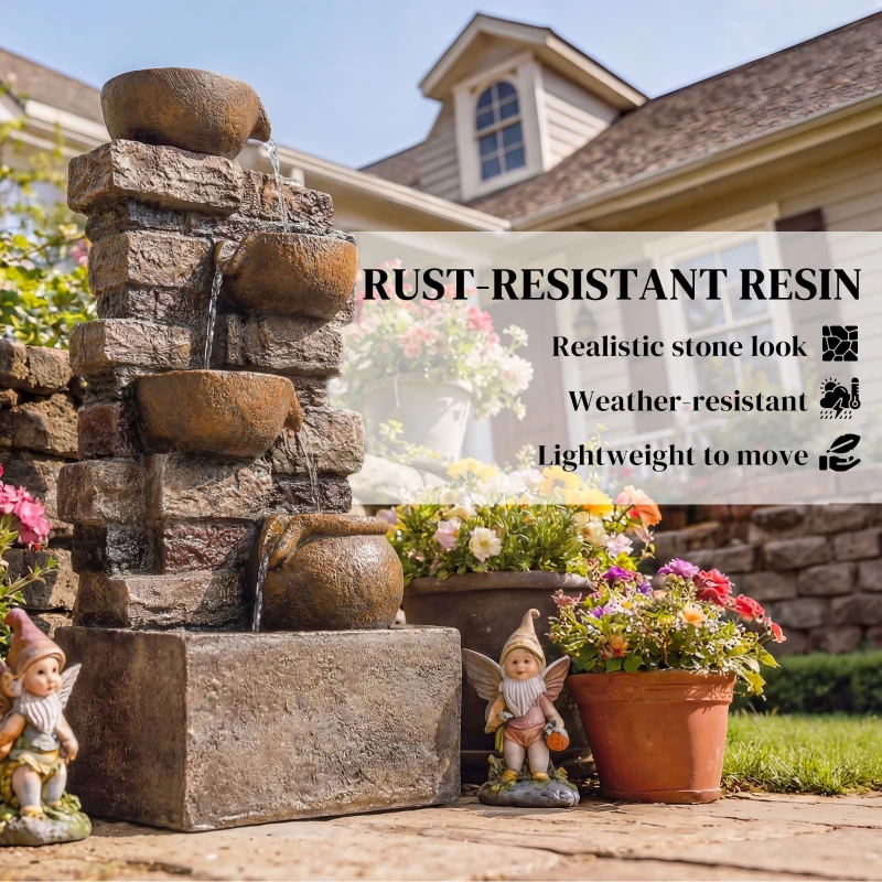 Outsunny 28" 5-Tier Outdoor Fountain, Cascading Waterfall Feature with LED Lights, Adjustable Flow, Rustic Brown