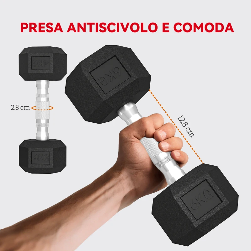 SPORTNOW Set di Manubri Palestra con Supporto in Metallo con Impugnatura Antiscivolo, 2x4kg, 2x6kg, 2x8kg, Nero