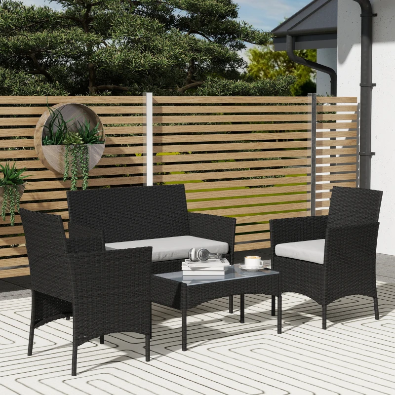 Outsunny 4 Piece Rattan Garden Furniture Sofa Set with Loveseat, Armchairs, Glass-Top Coffee Table and Cushions, Black