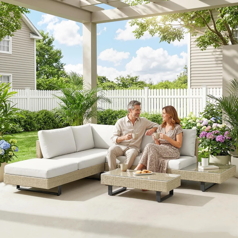 Outsunny Conjunto de Jardín Exterior de Ratán de 3 Piezas con Sofá Modular de 3 y 2 Plazas Mesa Lateral Mesa de Centro Cojines