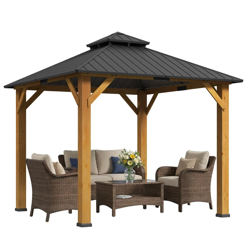 Outsunny 3x(3)M Outdoor Hardtop Gazebo Canopy with 2-Tier Roof and Solid Wood Frame, Outdoor Patio Shelter for Patio, Garden, Grey