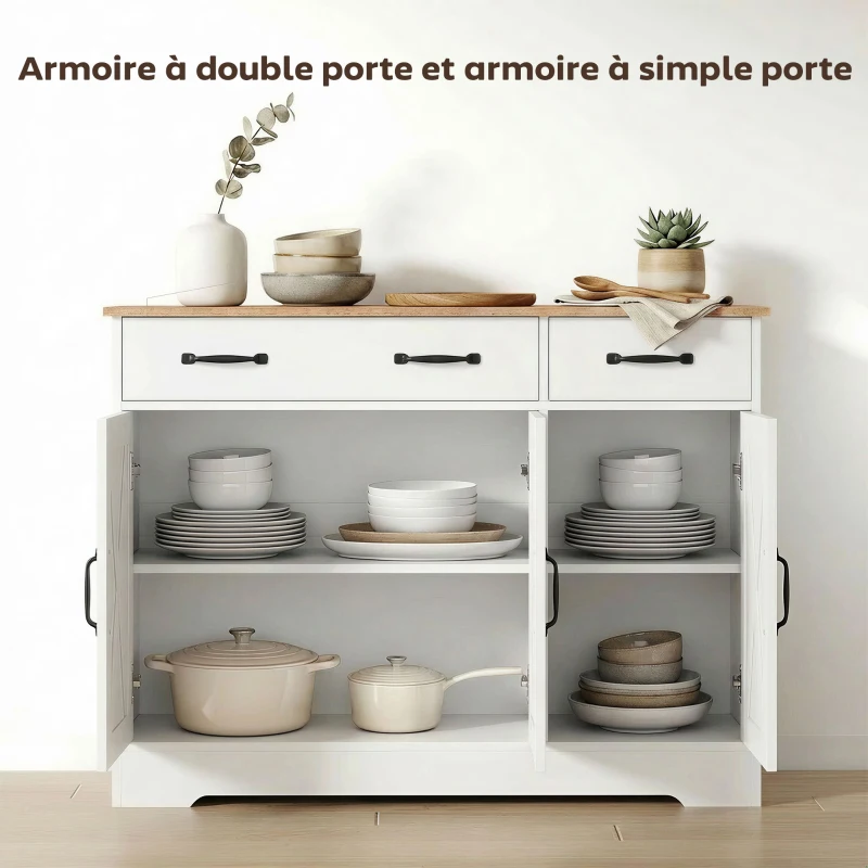 HOMCOM Buffet cuisine, meuble de rangement avec 3 portes de grange, 2 tiroirs et étagères réglables, 108 x 40 x 81 cm, blanc