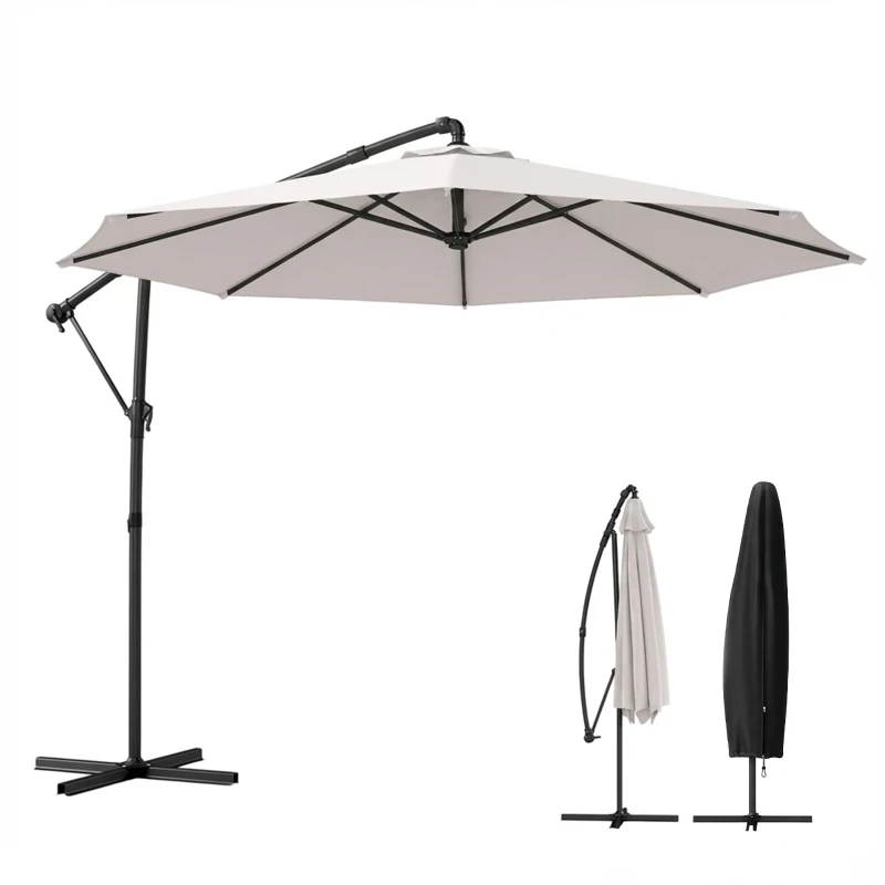 Outsunny 3 m Garden Cantilever Parasol with Cover, Round Overhanging Umbrella with 360° Rotation, Tilt, Cream White