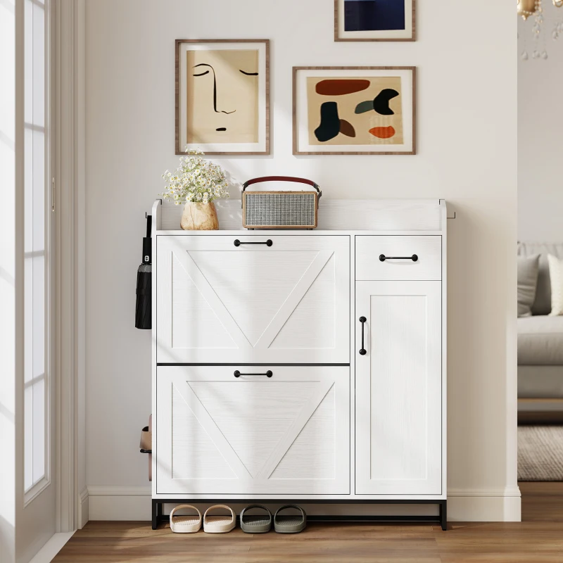 HOMCOM Sapateira Estreito com 2 Compartimentos Rebatíveis Prateleiras Ajustáveis para 12 Pares para Espaços Pequenos 106,7x26x116cm Branco