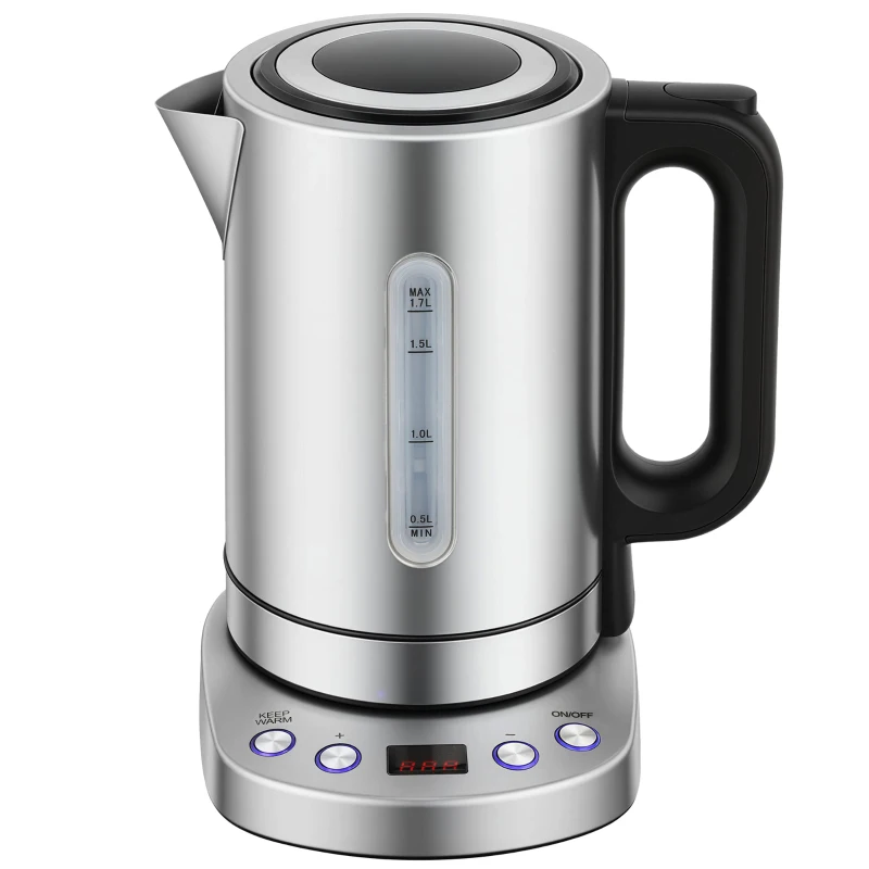 HOMCOM Electric Kettle, 1.7L, Fast Boil, 3kW Water Kettle with UK Strix Thermostat, Keep Warm Function, LCD Base, Silver Tone