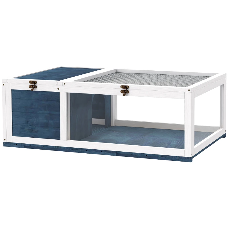 PawHut Maison enclos cage habitat pour petit animal tortues avec 2 espaces 91 x 60,5 x 32 cm bois massif bleu