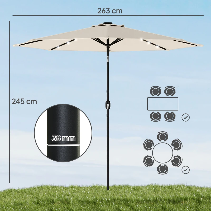 Outsunny 2.6 m Garden Parasol Umbrella with LED Solar Light, Parasol Cover, Outdoor Market Patio Umbrella, Cream White
