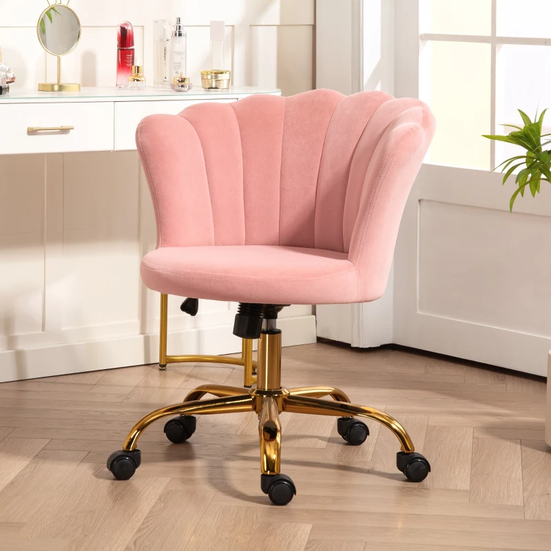 HOMCOM Chaise bureau en velours, chaise coiffeuse avec dossier en pétale, hauteur réglable, 69 x 64 x 80-90 cm, rose