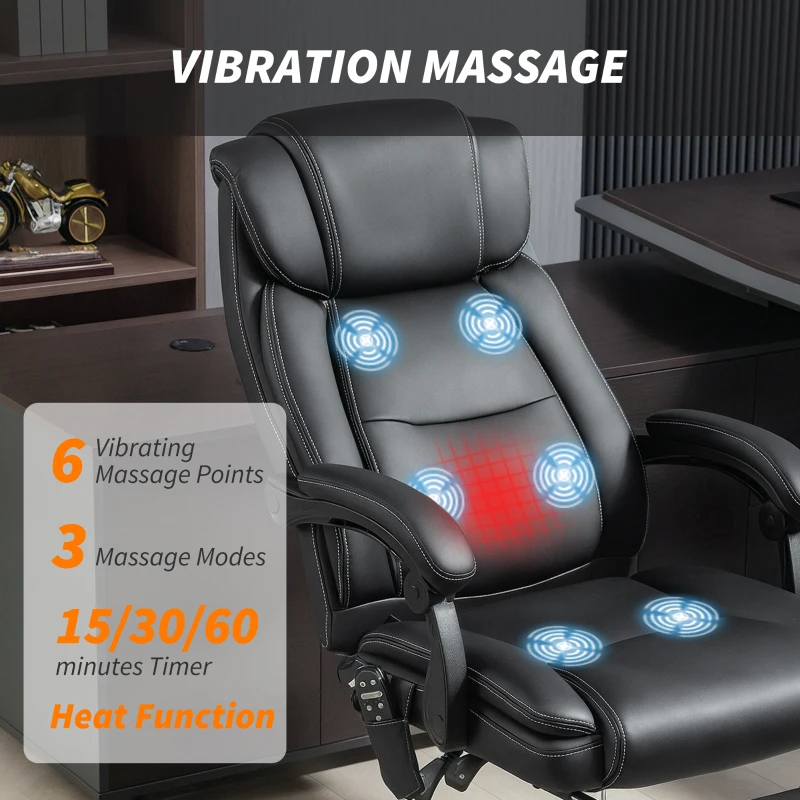 HOMCOM Fotel Biurowy Ergonomiczny z Funkcją Masażu, Podnóżkiem, Czarny Skórzany