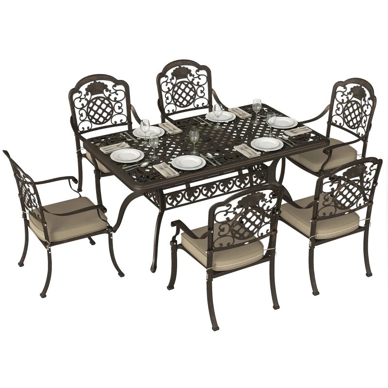 Outsunny Garden Dining Set for 6, Cast Aluminium Outdoor Table and Chairs Set with Cushions, Parasol Hole for Patio, Bronze Tone