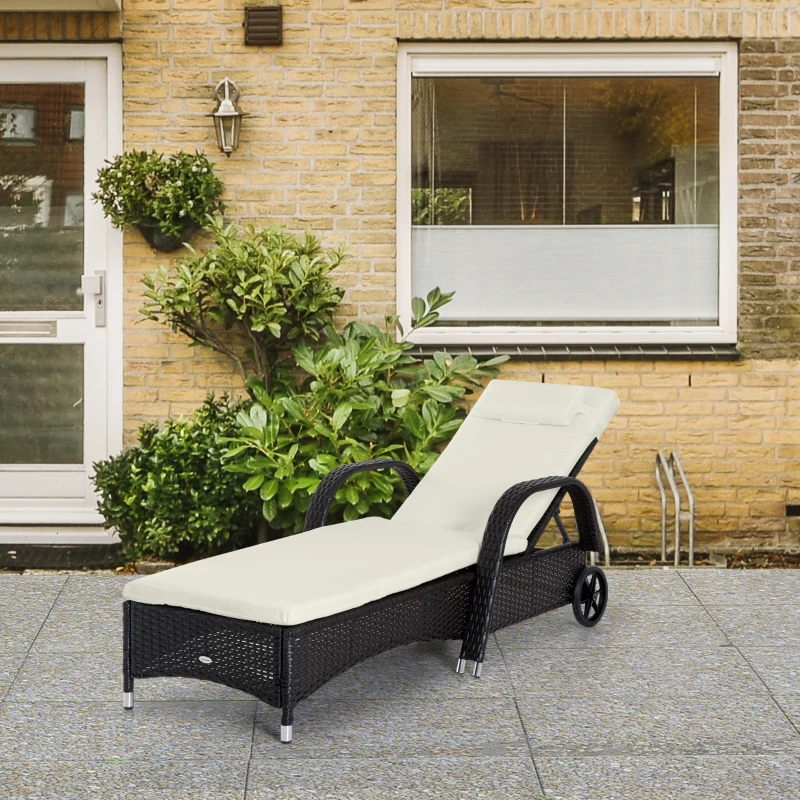 Outsunny Transat bain de soleil grand confort : matelas, têtière, inclinaison réglable multipositions, accoudoirs, roulettes résine tressée marron foncé