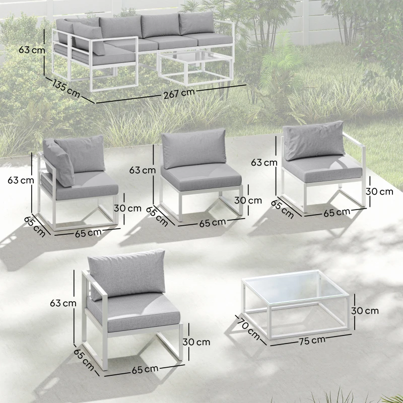 Outsunny 5 Seater Aluminium Garden Furniture Set, Garden Sofa Set with Thick Cushions for Patio and Balcony, Outdoor, Light Grey