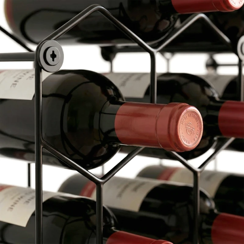 HOMCOM Wijnrek voor 13 flessen Flessenrek met honingraatontwerp Verstelbare voeten Kantelbeveiliging Metaal 43 x 15,5 x 31 cm Zwart