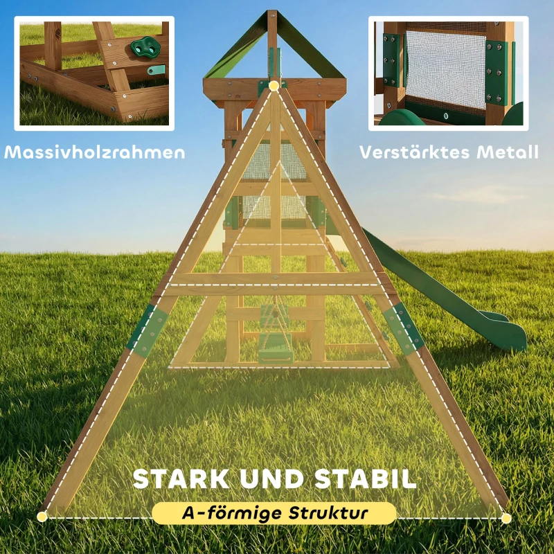 AIYAPLAY Spielturm Klettergerüst Holz Schaukelgestell mit Rutsche 2 Schaukeln Kletterwand für 3-8 Jahre 315x284x233 cm Grün