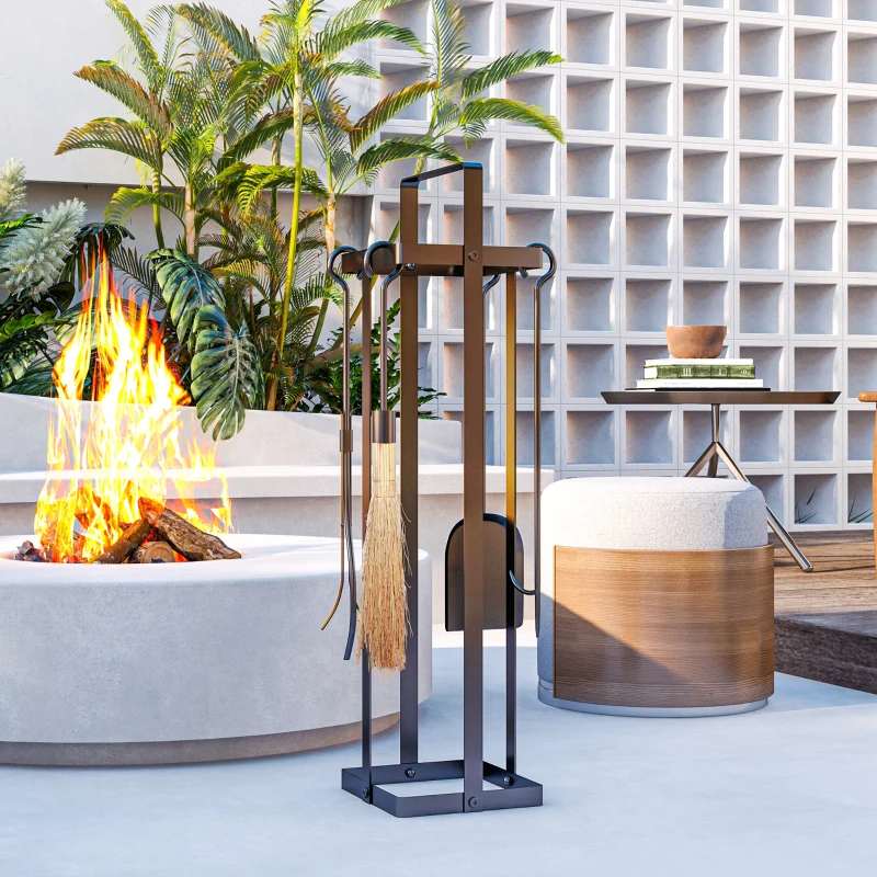 Outsunny Ensemble serviteur de cheminée 5 pièces, accessoires de cheminée, balai-brosse pelle pince tisonnier support métal noir