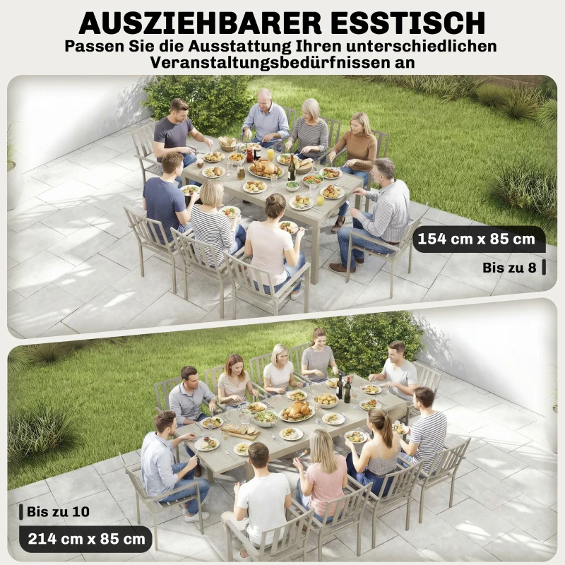 Outsunny Gartentisch Ausziehbarer 154/214 x 85 cm Aluminium Esstisch für 8-10 Personen mit Holzoptik Hellgrau