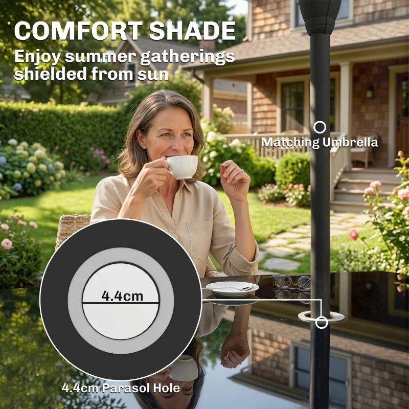 Outsunny 4 Seater Rattan Dining Set with Parasol, 6 Piece Garden Table and Stackable Chairs with Tempered Glass Tabletop