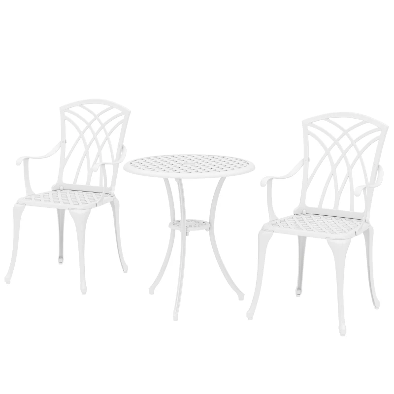 Outsunny 3 Pieces Garden Bistro Set, Cast Aluminium Outdoor Dining Set with 2 Chairs and Round Table with Parasol Hole, White