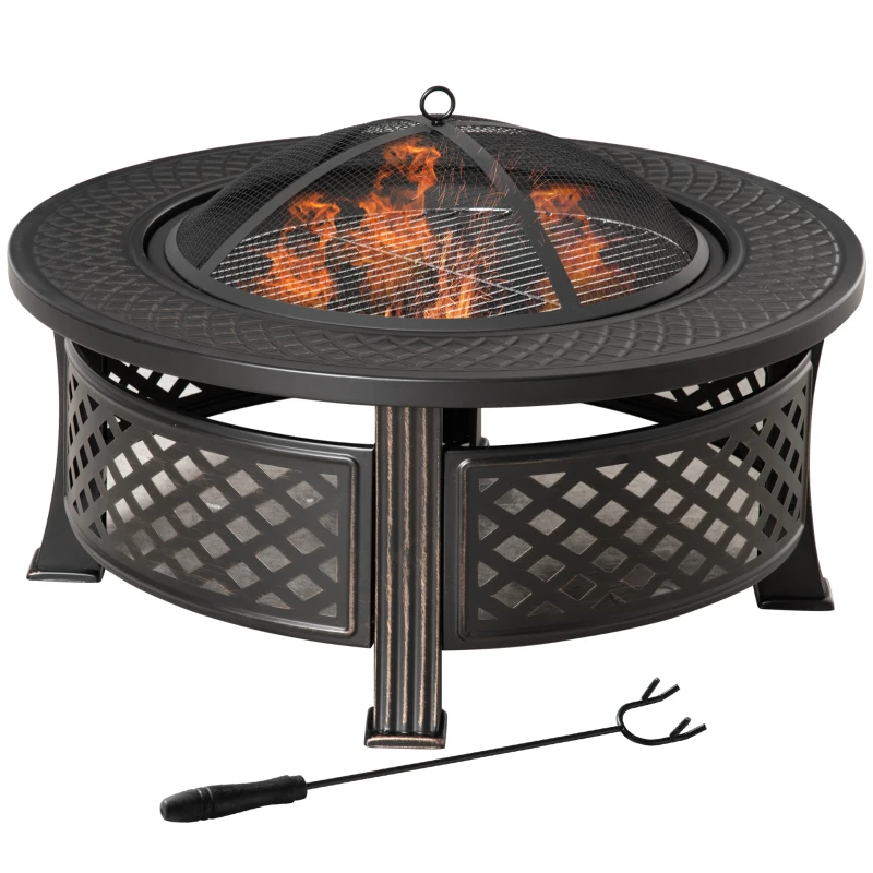 Outsunny Outdoor Fire Pit, Firepit with Grill Net, Mesh Lid, Poker, for Camping, Bonfire, Picnic, Bronze Tone