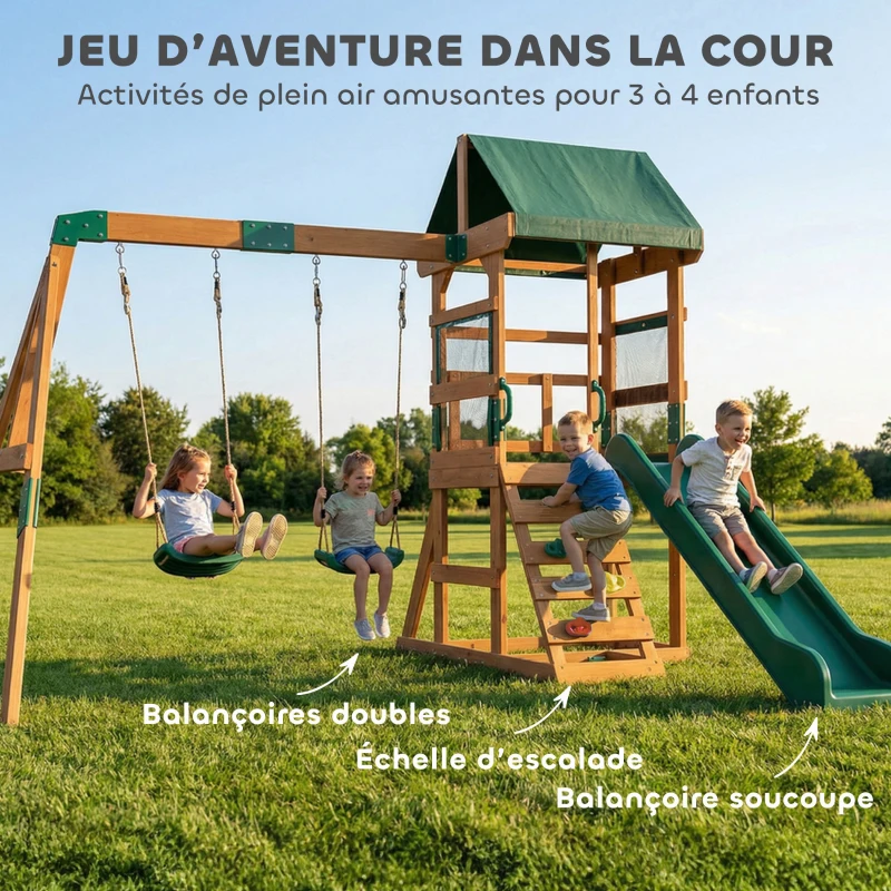 AIYAPLAY Aire de Jeux portique en Bois avec 2 balançoires et Toboggan, Mur d'Escalade et Terrasse Couverte, pour 3 à 8 Ans