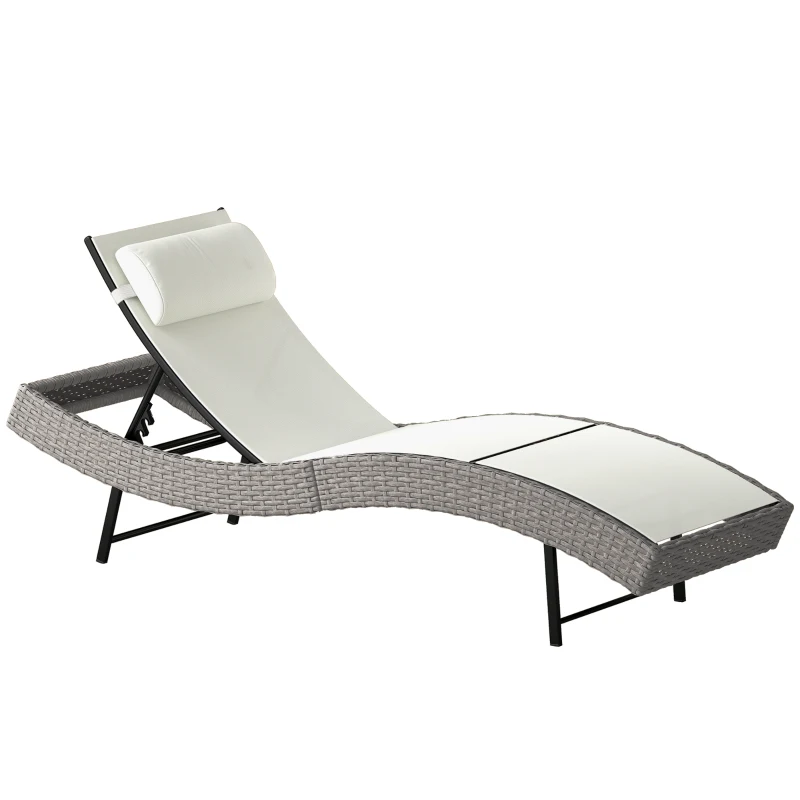Outsunny Rattan Sun Lounger, Garden Recliner with 5 Position Adjustable Back, S Shaped Texteline Seat, Headrest, Cream White