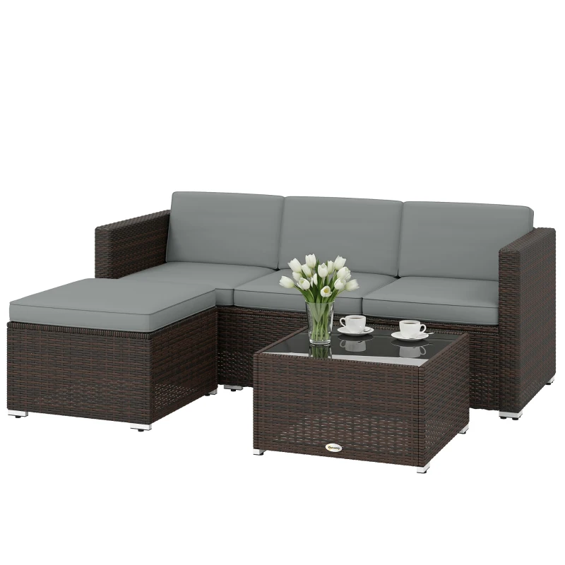 Outsunny 3 Pieces Garden Furniture Set w/ Cushions, PE Rattan Wicker Conversation Corner Sofa Set, Light Grey