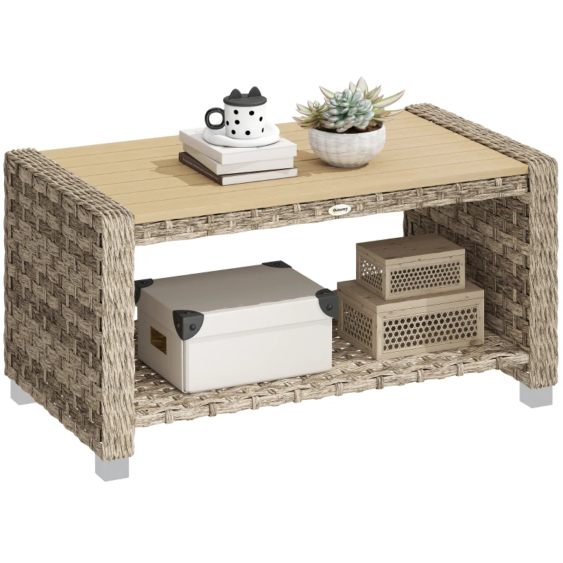 Outsunny Outdoor Coffee Table with Storage Shelf, PE Rattan Side Table with Slatted Top and Foot Pads, Light Brown