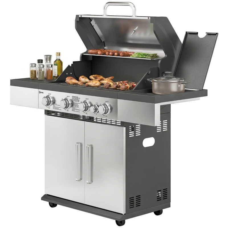 Outsunny 4+1 Burner Gas BBQ Grill, Portable Gas Barbecue Grill with Side Burner, Warming Rack, Side Shelf, Storage Cabinet