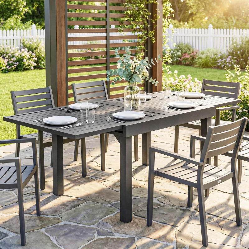 Outsunny Extending Garden Table for 4-8 People, Aluminium Outdoor Dining Table with Slatted Top, Dark Grey