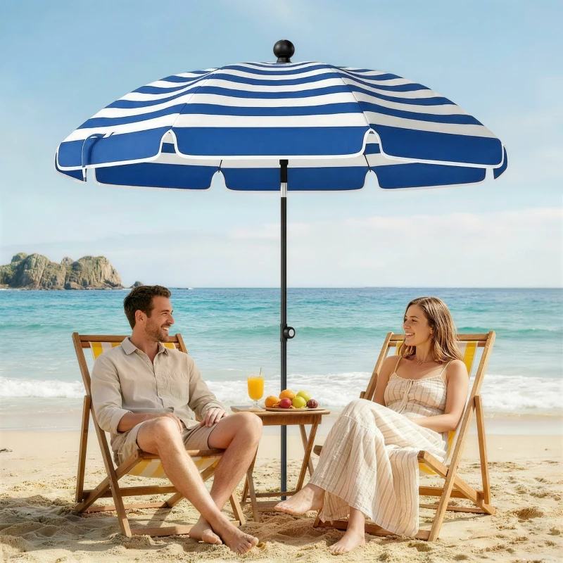 Outsunny 1.8 m Beach Umbrella Parasol with Sand Anchor, Portable 30° Tilting Patio Sun Shade with Adjustable Height, Blue/White