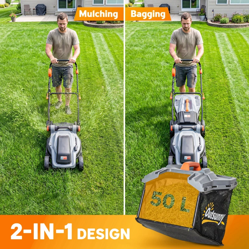 Outsunny 1800W Electric Lawnmower with 40cm Cutting Width, Mulching Feature, 50L Grass Collection Bag, 6 Cutting Heights