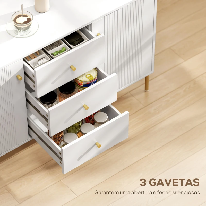 HOMCOM Aparador Moderno com 3 Gavetas Prateleiras Ajustáveis Bancada com Efeito Mármore Pés em Aço 120x39,1x76 cm Branco