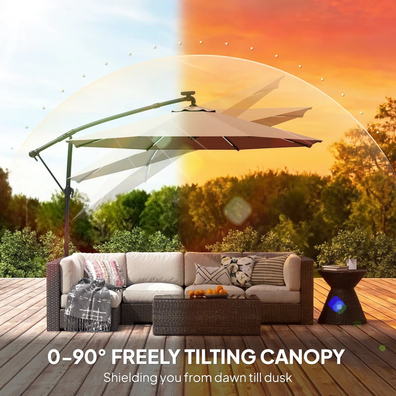 Outsunny 3 m Garden Cantilever Parasol with LED Solar Light, Round Overhanging Umbrella with 360° Rotation, Cover, Grey