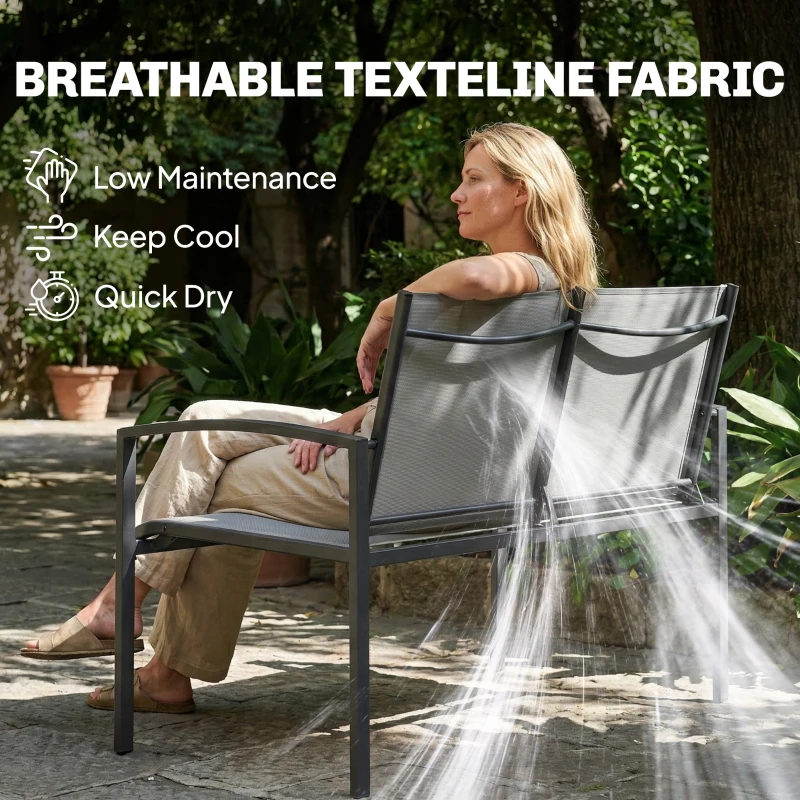 Outsunny Ławka ogrodowa 2-osobowa, odporna na warunki atmosferyczne, metalowa, z oddychającym siedziskiem, profilowanymi podłokietnikami, 112 x 66 x 80 cm, szara