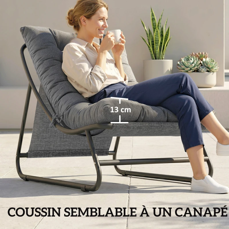 Outsunny Fauteuil de Jardin Relax avec Repose-pieds 2 Pièces avec Coussin Ultra Épais 13cm Tissu Cationique Gris