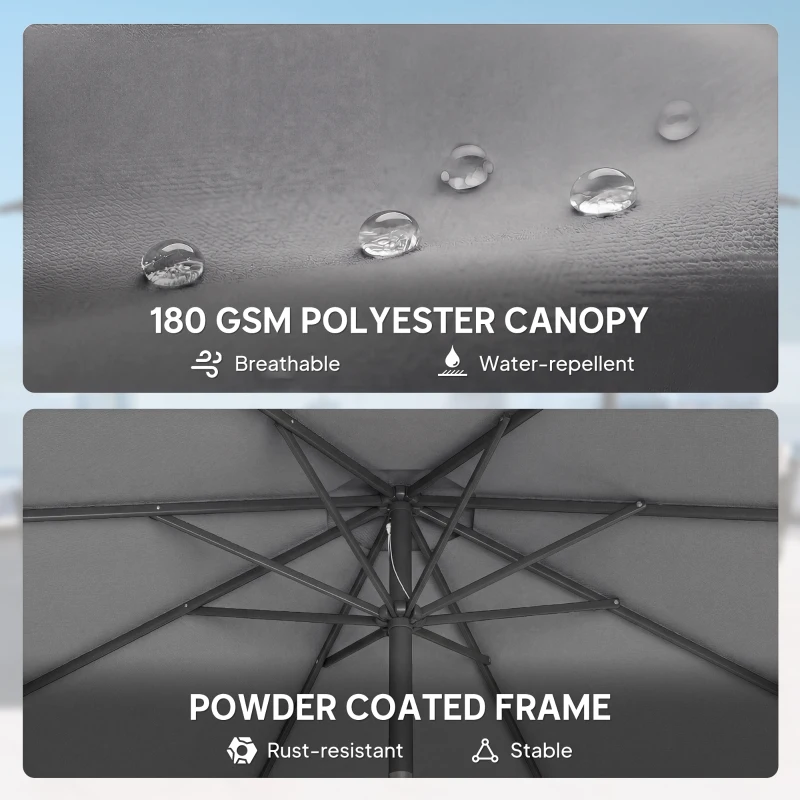 Outsunny 2.7 m Garden Parasol Umbrella with Cross Base and Sandbag, Retractable Ribs, Outdoor Table Market Umbrella, Light Grey