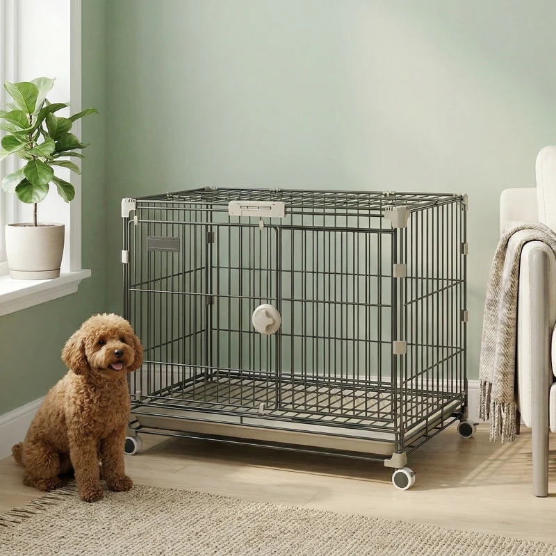 PawHut Jaula para Perro Plegable, Bandeja Extraíble, Ruedas con Frenos, Techo Abatible, Puerta para Alimentación, 60,5x45,5x54,5cm, Negro