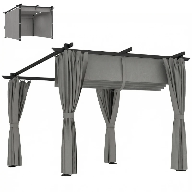 Outsunny 3 x 3 m Retractable Roof Pergola, with Curtains - Light Grey