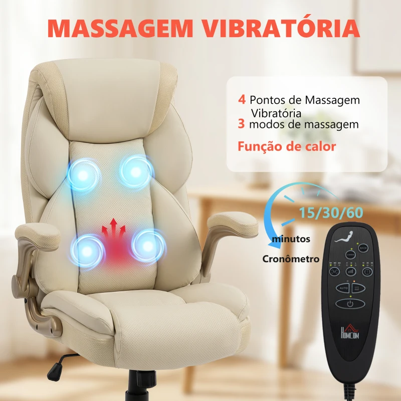 HOMCOM Cadeira de Escritório com Massagem Vibratória de 4 Pontos Aquecimento Lombar Apoios de Braços Rebatíveis Encosto Alto Altura Ajustável Creme